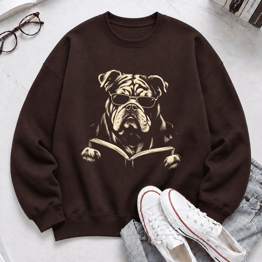 Bulldog Reading Book Crewneck Sweatshirt | Reader Gift Dark Chocolate