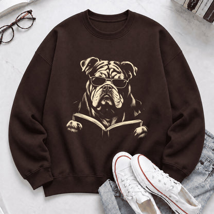 Bulldog Reading Book Crewneck Sweatshirt | Reader Gift Dark Chocolate