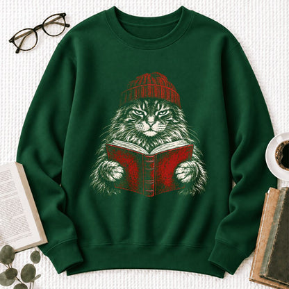 Vintage Reading Cat Maine Coon Softstyle Sweatshirt | Christmas Book Lover Gift Forest Green