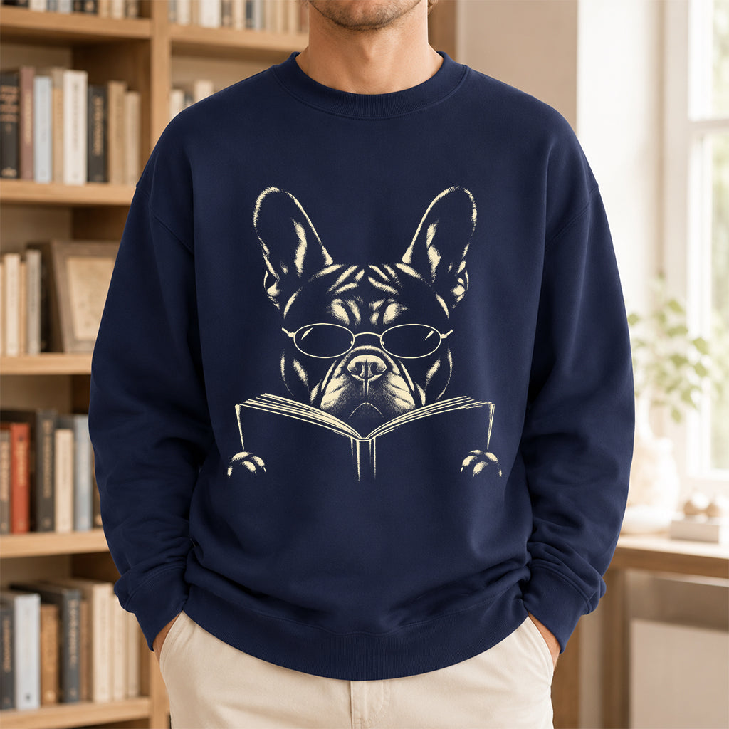 French Bulldog Reading Book Crewneck Sweatshirt | Reader Gift Navy