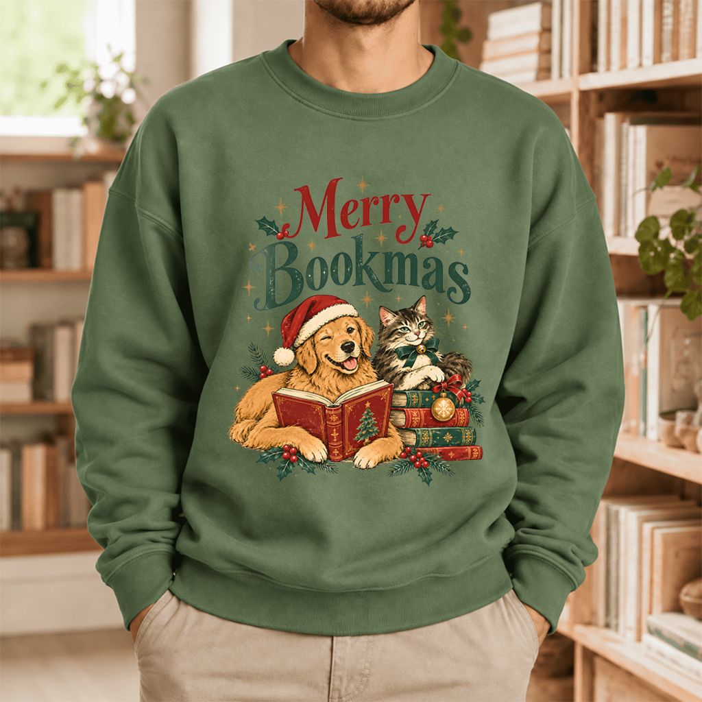 Merry Bookmas Softstyle Sweatshirt | Christmas Book Lover Gift Military Green
