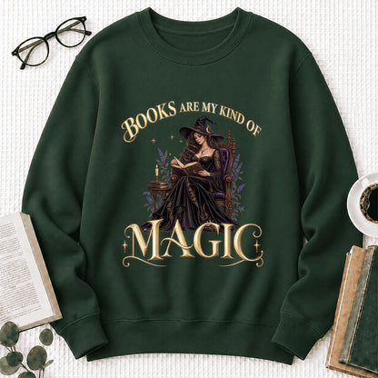 Books Are My Kind Of Magic Crewneck Sweatshirt | Halloween Literary Fantasy Book Lover Gift Forest Green