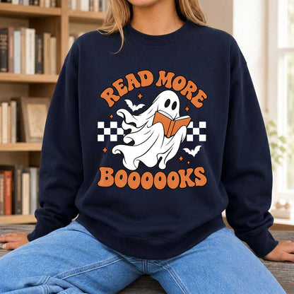 Read More Books Ghost Printed Sweatshirt | Halloween Book Lover Gift Navy