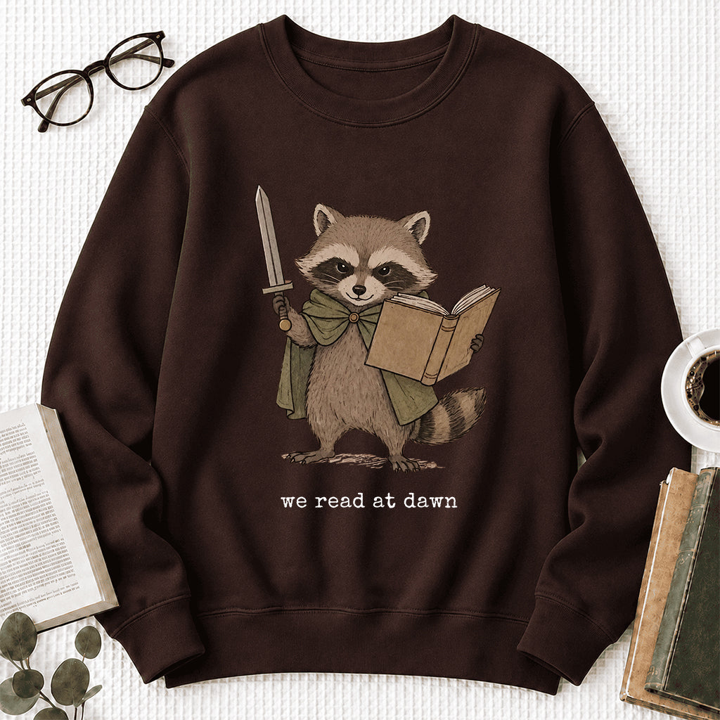 Raccoon We Read At Dawn Crewneck Sweatshirt | Reader Gift Dark Chocolate