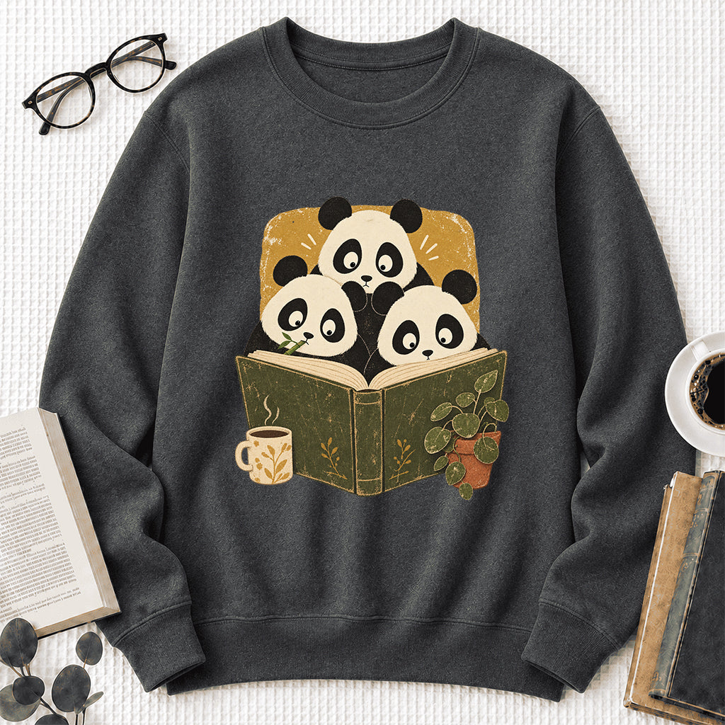 Curious Pandas Reading Crewneck Sweatshirt | Panda Lover & Reader Gift Dark Heather