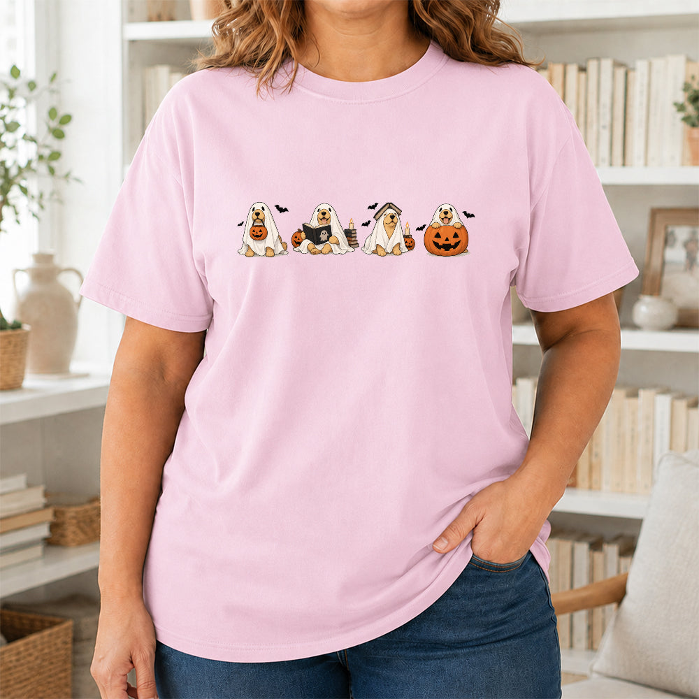 Spooky Golden Retrievers Book Club Printed T-Shirt | Halloween Book Lover Gift Light Pink