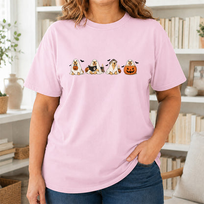 Spooky Golden Retrievers Book Club Printed T-Shirt | Halloween Book Lover Gift Light Pink