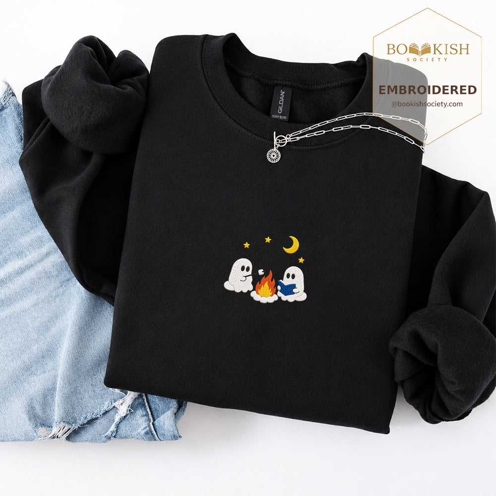 Cute Ghost Camping Embroidered Sweatshirt | Reader Gift Black