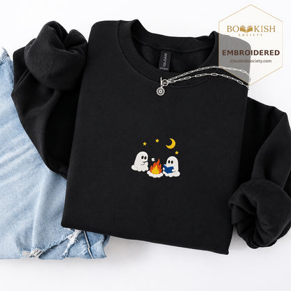 Cute Ghost Camping Embroidered Sweatshirt | Reader Gift Black
