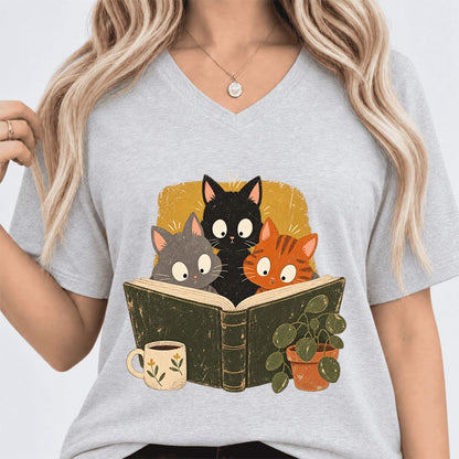 Curious Reading Cats Ultra-Soft V-Neck | Cat Lover Reader Gift Ash