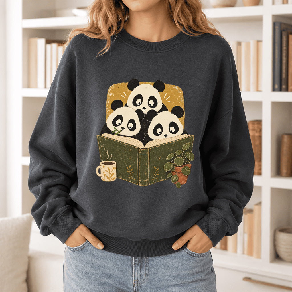 Curious Pandas Reading Crewneck Sweatshirt | Panda Lover & Reader Gift Dark Heather