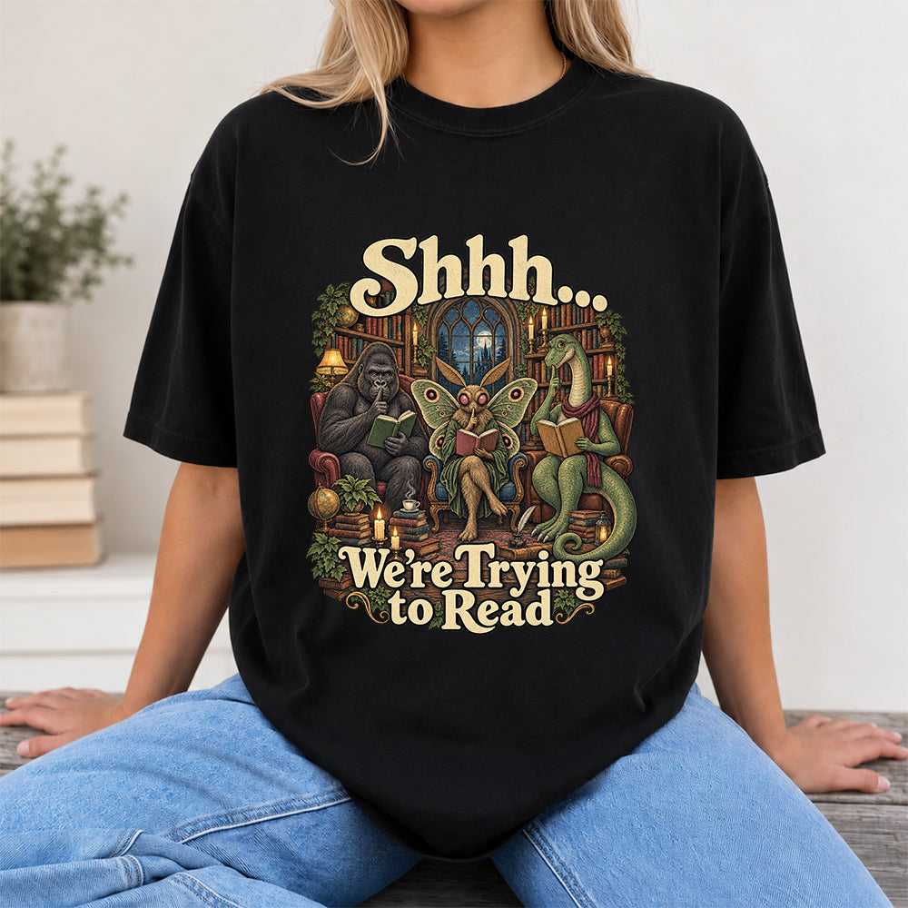 Shh... We Trying To Read Cotton T-Shirt | Midnight Reader Gift Black