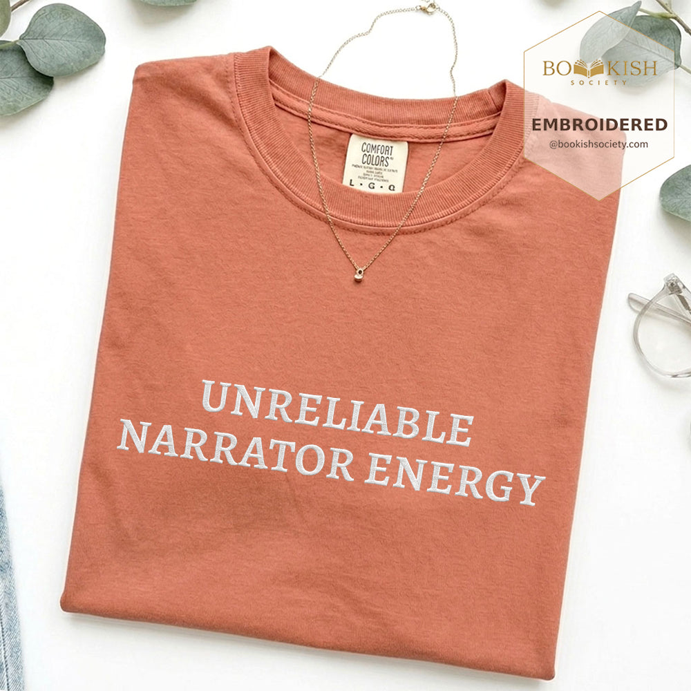 Embroidered Unreliable Narrator Energy Comfort Color® T-shirt Book Lover Gift Terracotta