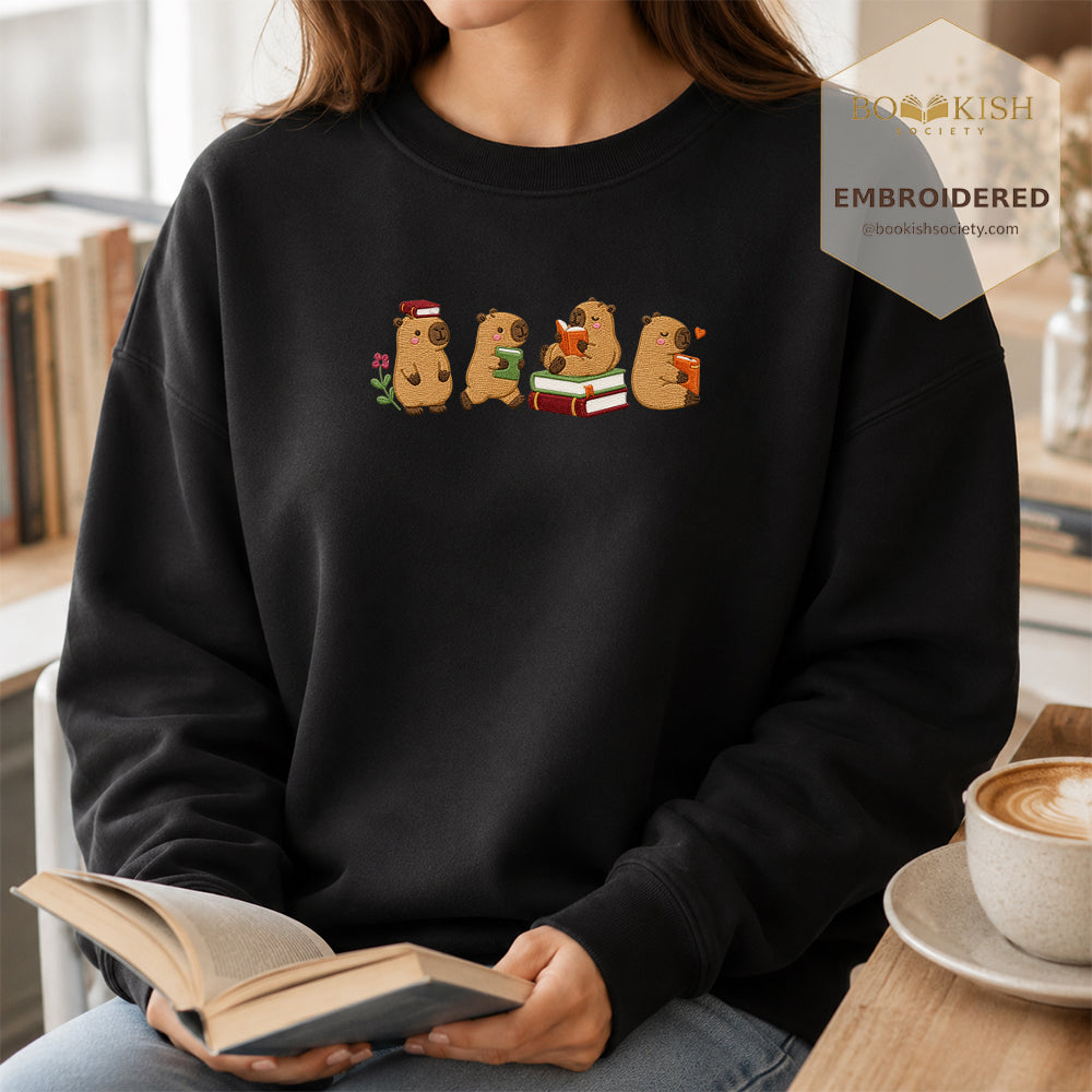 Reading Capybaras Embroidered Sweatshirt | Reader Gift Black