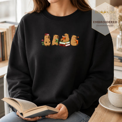 Reading Capybaras Embroidered Sweatshirt | Reader Gift Black