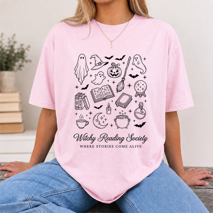 Witchy Reading Society Printed T-Shirt | Halloween Reader Gift Light Pink