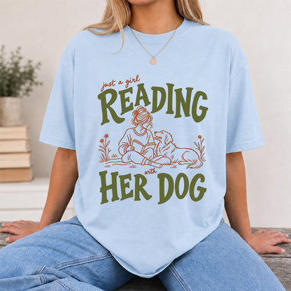 Just A Girl Reading With Her Dog Softstyle T-Shirt | Book Lover Gift Light Blue