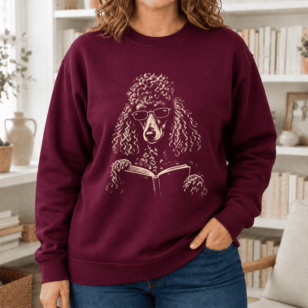 Poodle Reading Book Crewneck Sweatshirt | Reader Gift Maroon