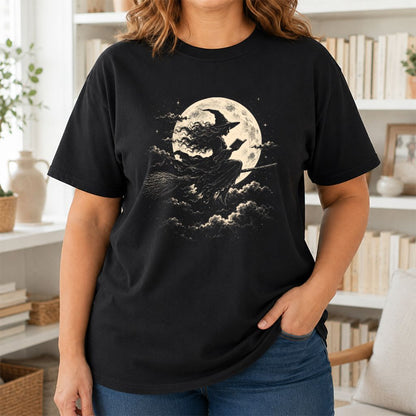 Reading Witch On The Flying Broom Printed T-Shirt | Halloween Book Lover Gift Black