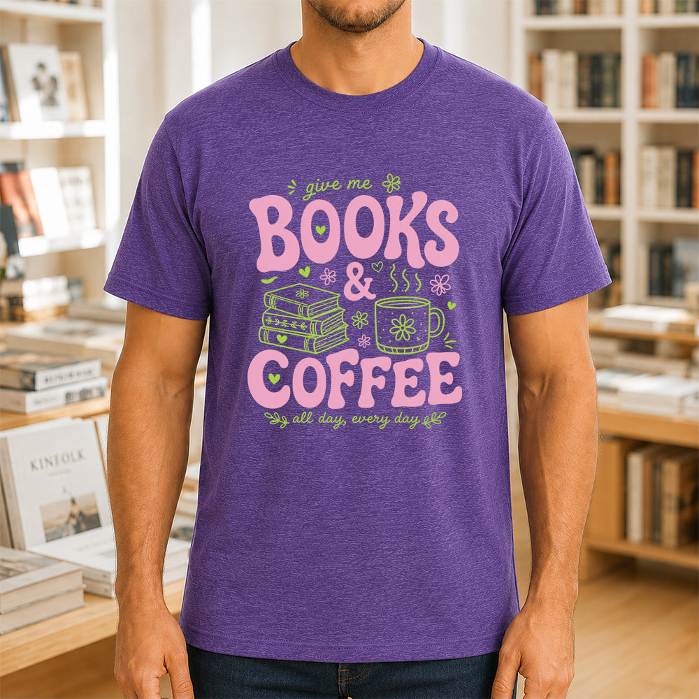 Books and Coffee Softstyle T-Shirt | Book Lover Gift Heather Purple