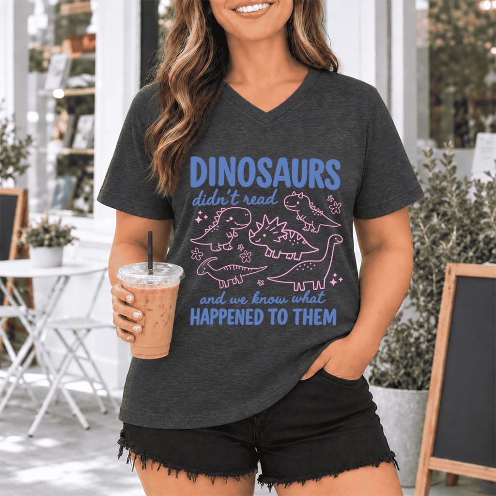 Dinosaurs Didn'T Read Ultra-Soft V-Neck | Funny Book Lover Gift Dark Grey Heather