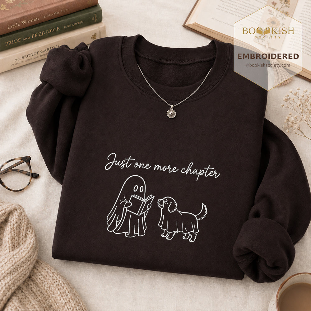 Easily Just One More Chapter Halloween Embroidered Sweatshirt | Reader Gift Dark Chocolate