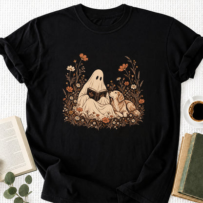 Ghost Wildflowers With Book And Golden Retriever Printed T-Shirt | Halloween Dog Lover Gift Black