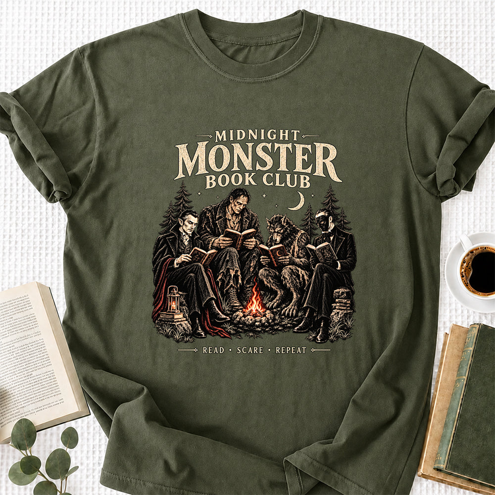 Midnight Monster Book Club Printed T-Shirt | Halloween Book Lover Gift Military Green