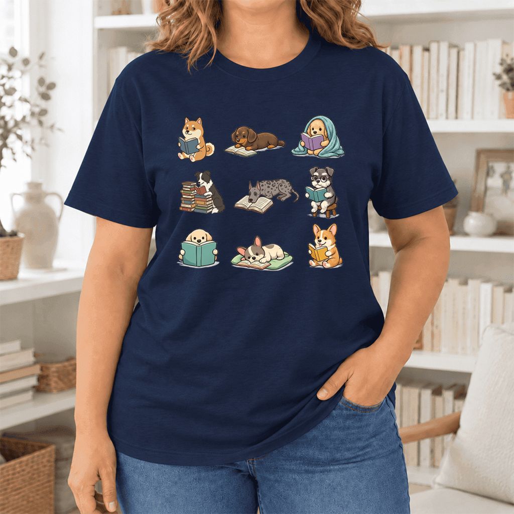 Funny Reading Dogs Ultra-Soft Cotton T-Shirt | Dog Mom Reader Gift Navy