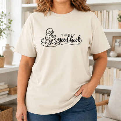 Lost In A Good Book Cotton T-Shirt | Dog & Book Lover Gift Natural