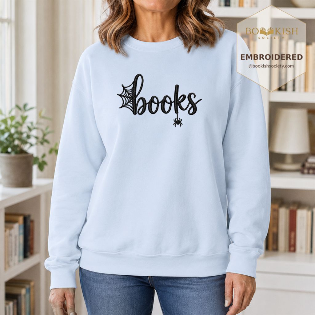 Halloween Books Embroidered Sweatshirt | Spooky Book Lover Gift Light Blue