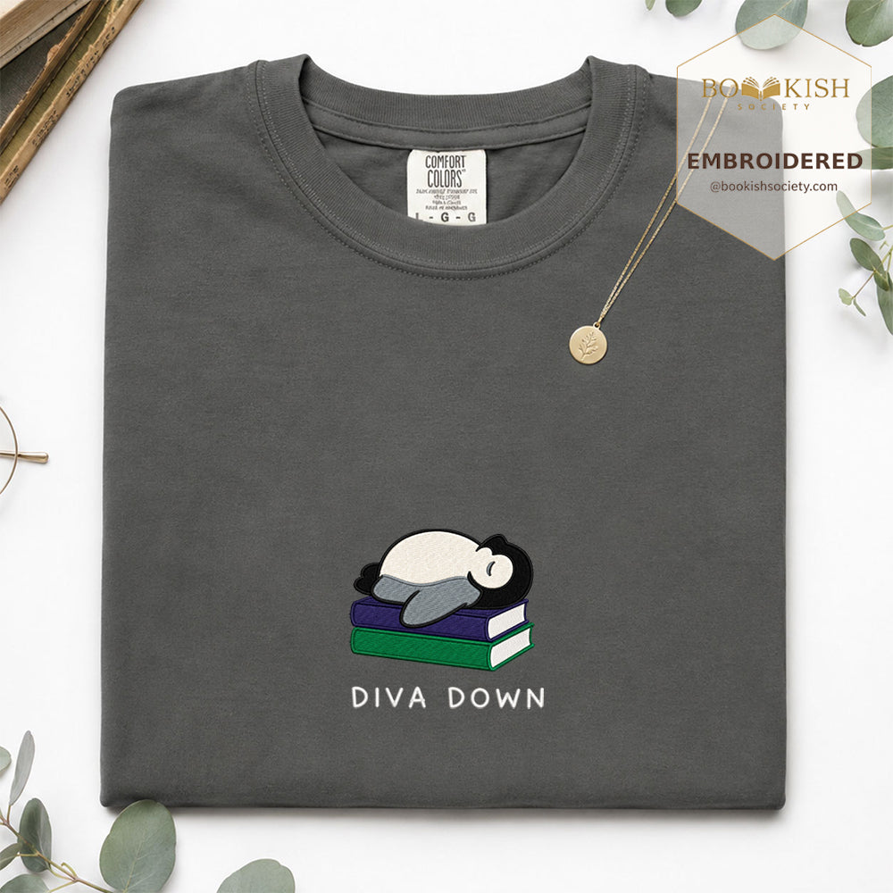 Embroidered Diva Down Penguin Comfort Color® T-shirt Book Lover Gift Pepper