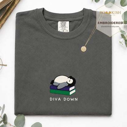 Embroidered Diva Down Penguin Comfort Color® T-shirt Book Lover Gift Pepper