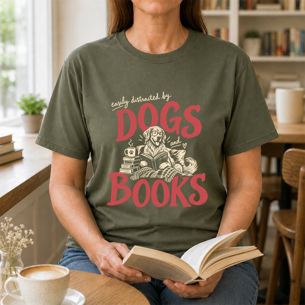 Easily Distracted By Dogs And Books Softstyle T-Shirt | Book Lover Gift Military Green