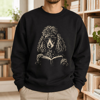 Poodle Reading Book Crewneck Sweatshirt | Reader Gift Black