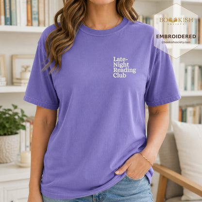 Late Night Reading Club Embroidered Comfort Color® T-shirt | Book Lover Gift Violet