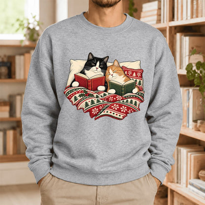 Christmas Reading Cat Couple Softstyle Sweatshirt | Cozy Christmas Gift Sport Grey