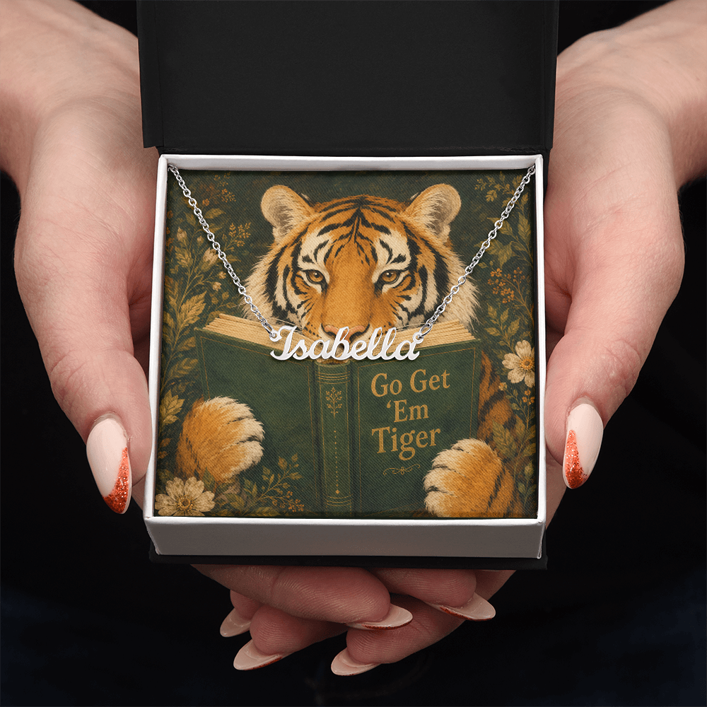 Motivational Tiger Reading Decorative Card And Custom Name Polished Stainless Steel Necklace With Box Book Lover Gift Font 1