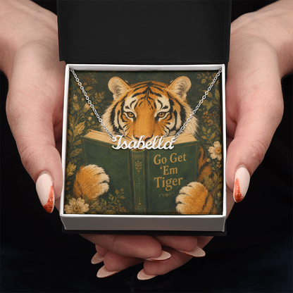 Motivational Tiger Reading Decorative Card And Custom Name Polished Stainless Steel Necklace With Box Book Lover Gift Font 1