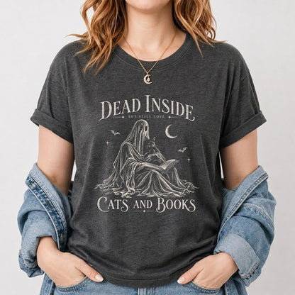 Dead Inside But Still Love Cats And Books Printed T-Shirt | Halloween Gift Dark Heather