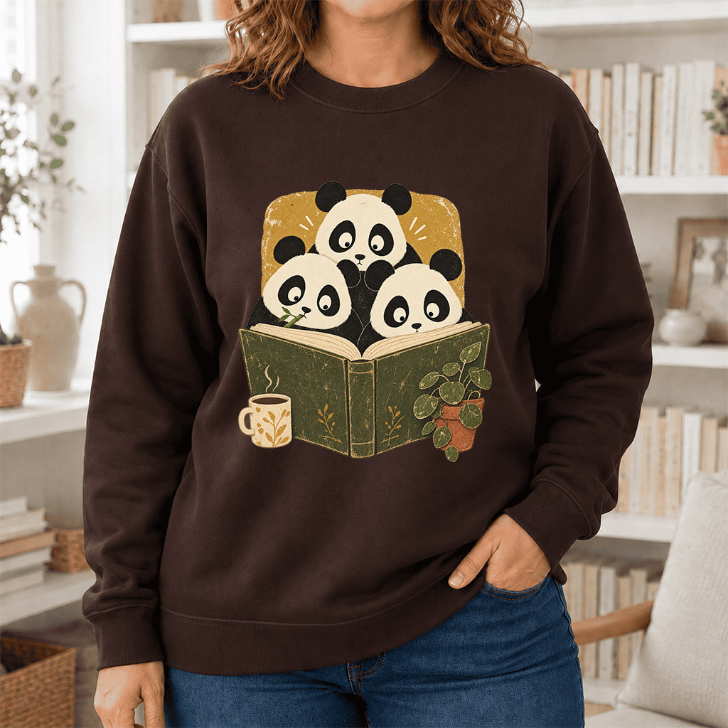 Curious Pandas Reading Crewneck Sweatshirt | Panda Lover & Reader Gift Dark Chocolate