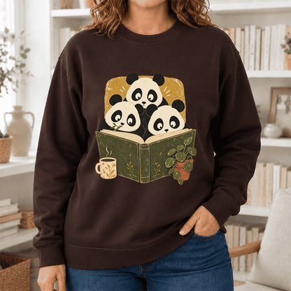 Curious Pandas Reading Crewneck Sweatshirt | Panda Lover & Reader Gift Dark Chocolate