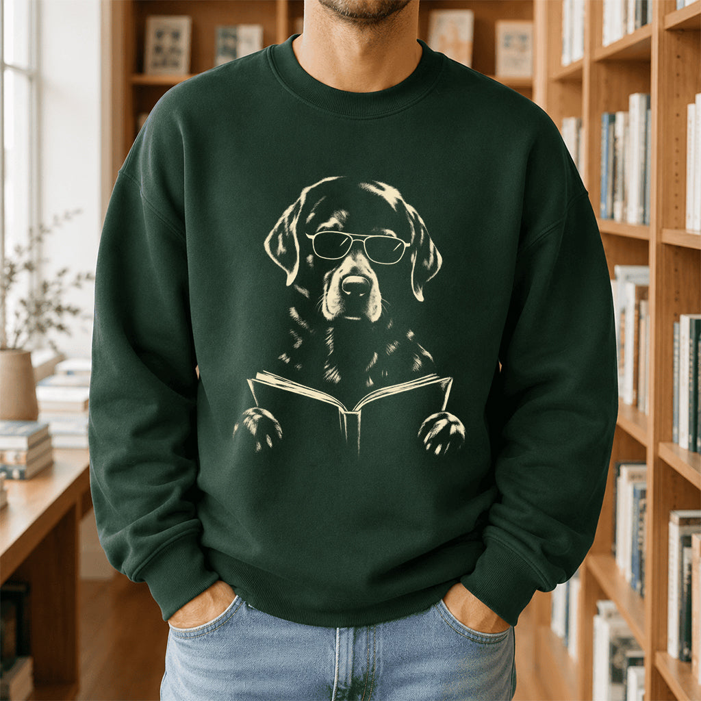 Labrador Retriever Reading Book Crewneck Sweatshirt | Reader Gift Forest Green