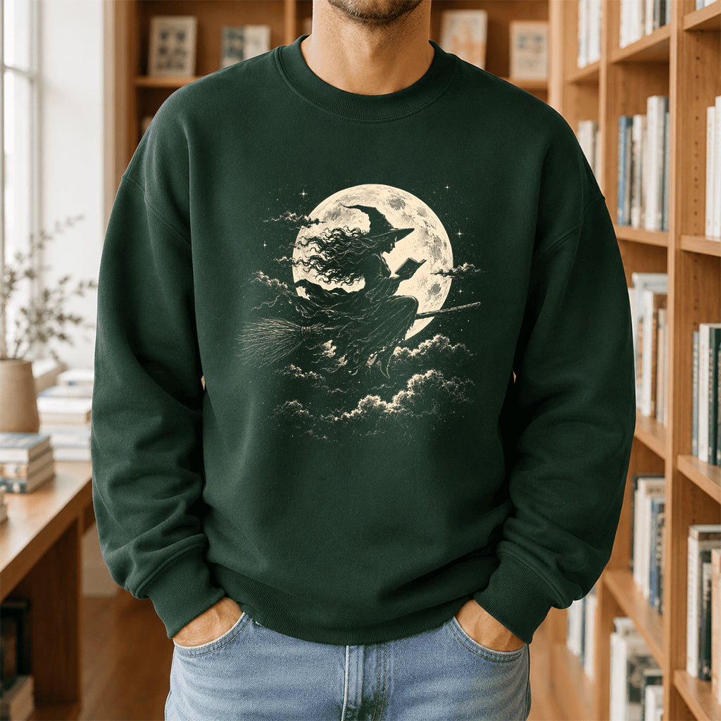 Reading Witch On The Flying Broom Printed Sweatshirt | Halloween Reader Gift Forest Green