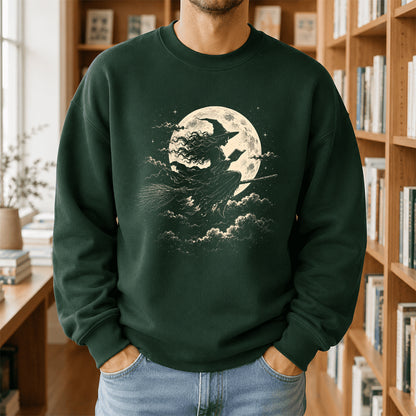 Reading Witch On The Flying Broom Printed Sweatshirt | Halloween Reader Gift Forest Green