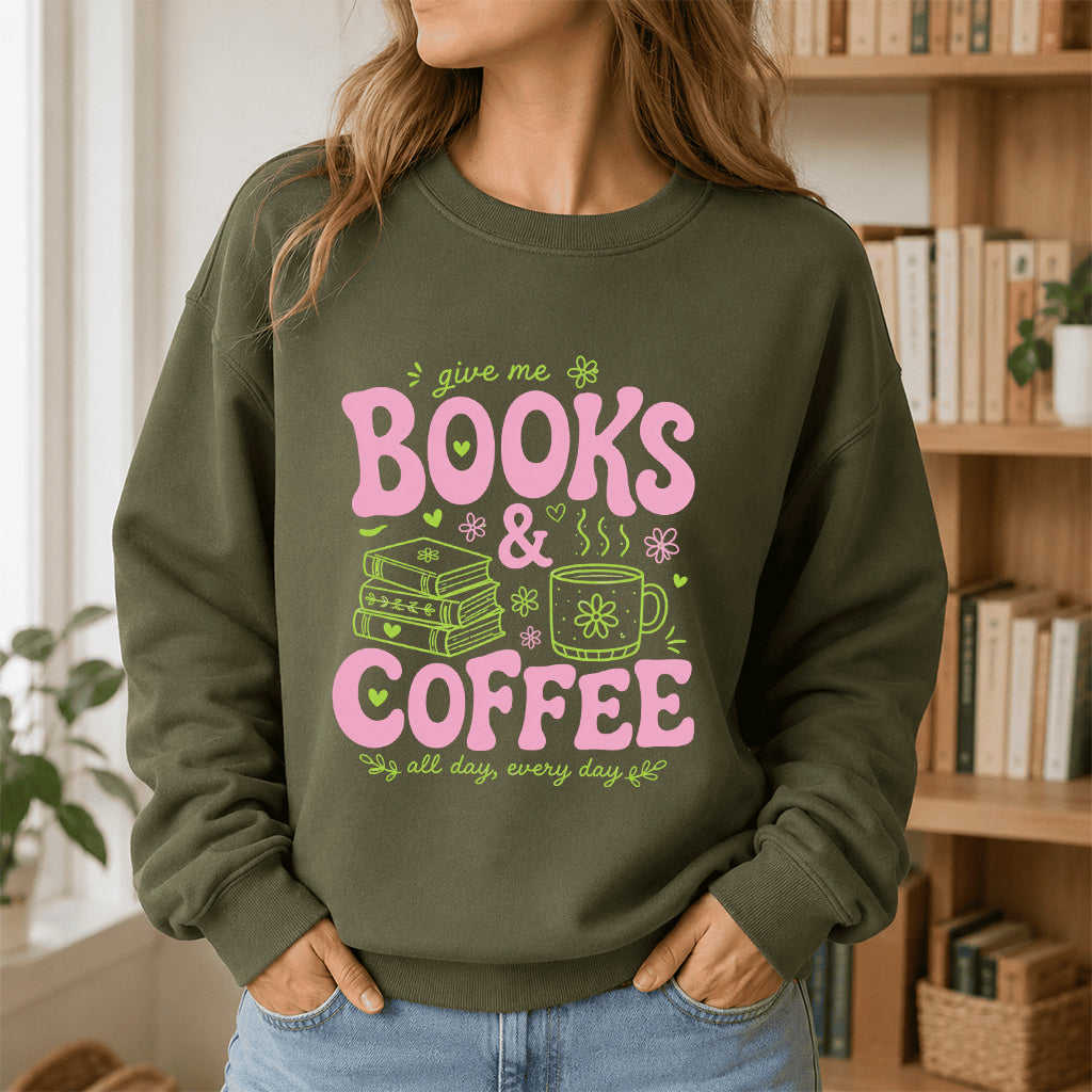 Books and Coffee Crewneck Sweatshirt | Reader Gift Military Green