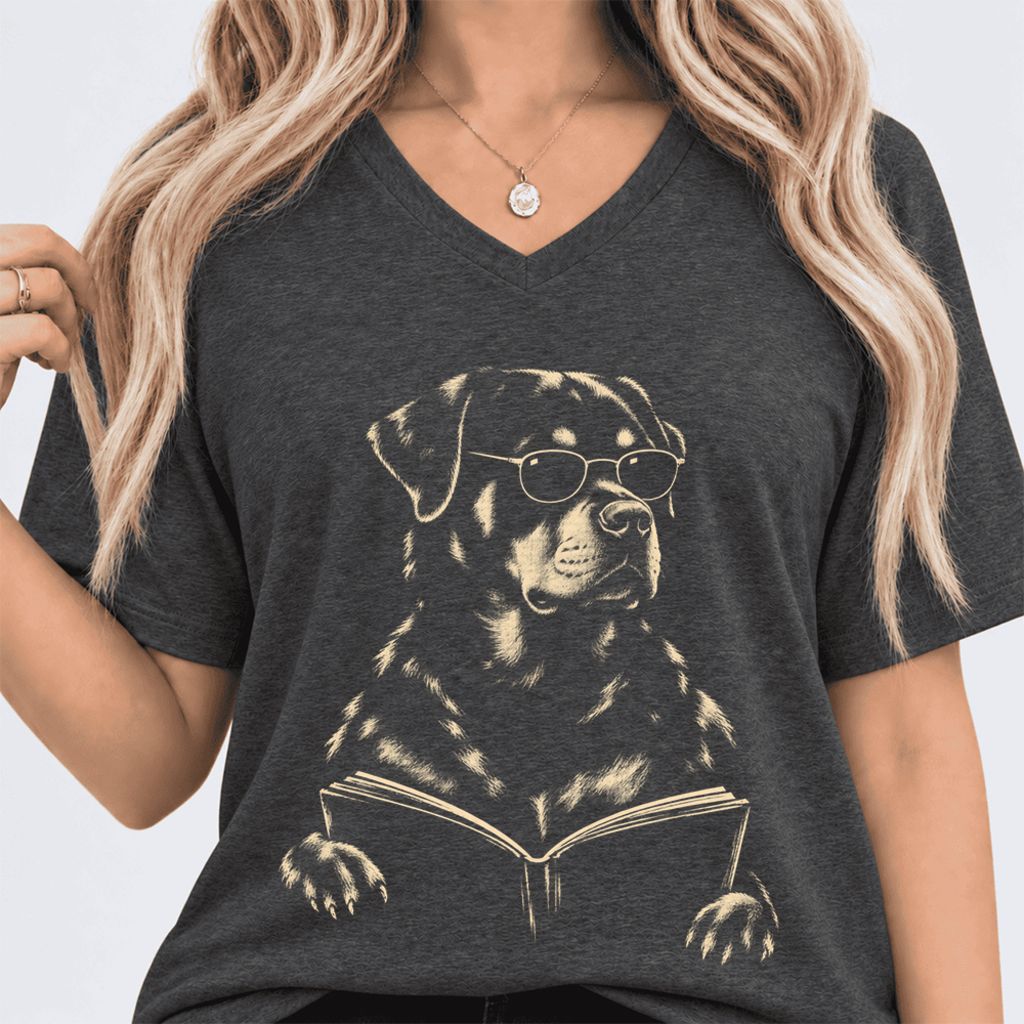 Rottweiler Reading Book Ultra-Soft V-Neck | Dog Mom Reader Gift Dark Grey Heather