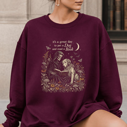 It's A Great Day To Pet A Dog And Read A Book Crewneck Sweatshirt | Gift Maroon