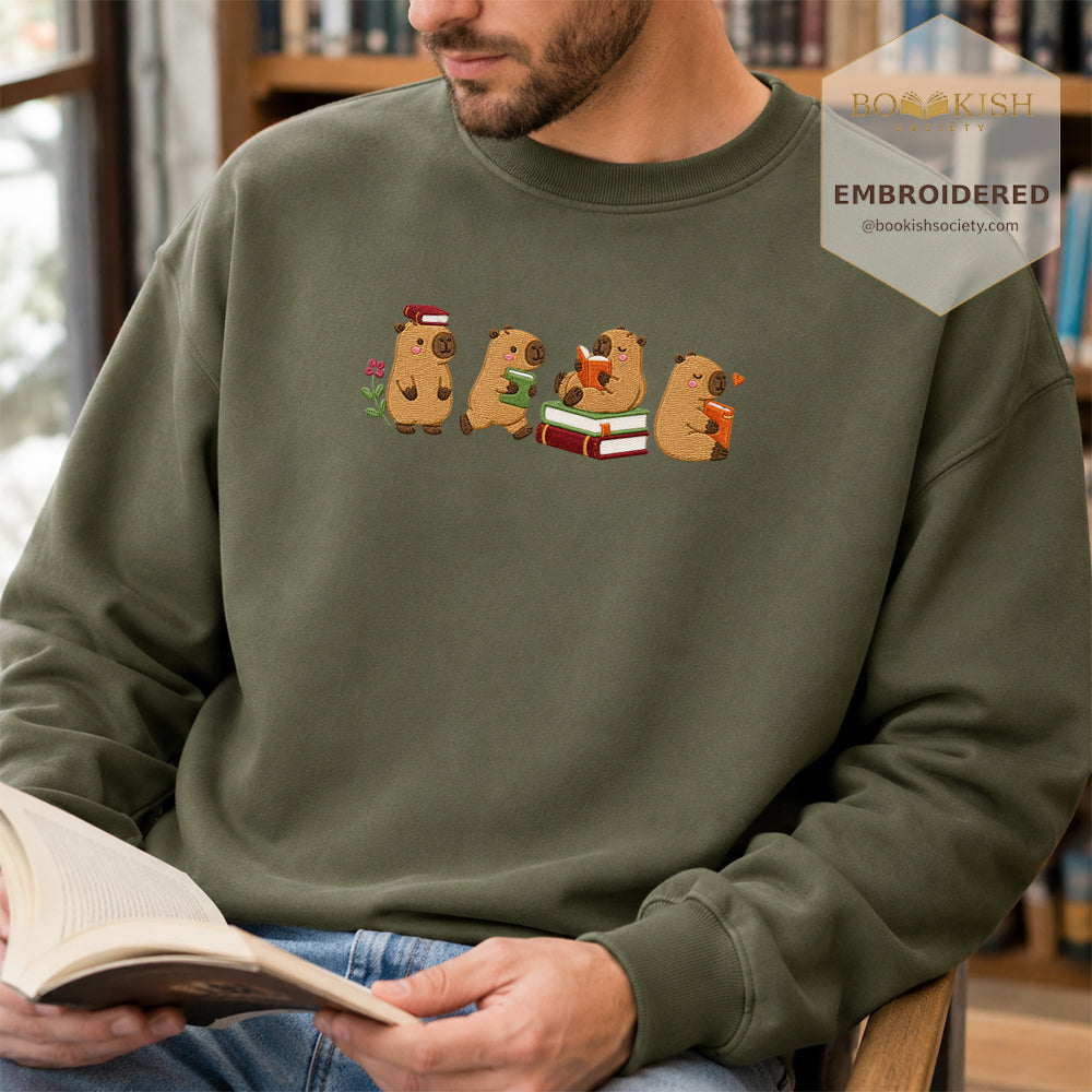 Reading Capybaras Embroidered Sweatshirt | Reader Gift Military Green