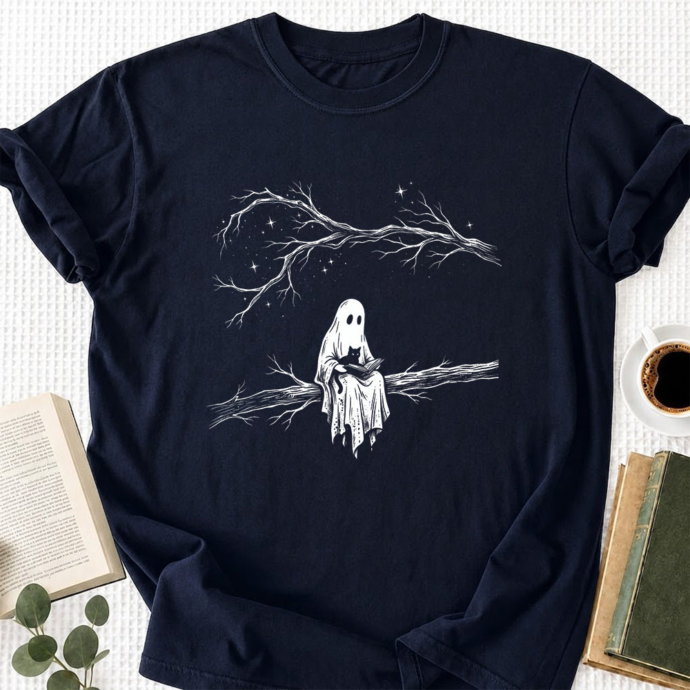 Reading Ghost With Black Cat Printed T-Shirt | Halloween Cat Lover Reader Gift Navy